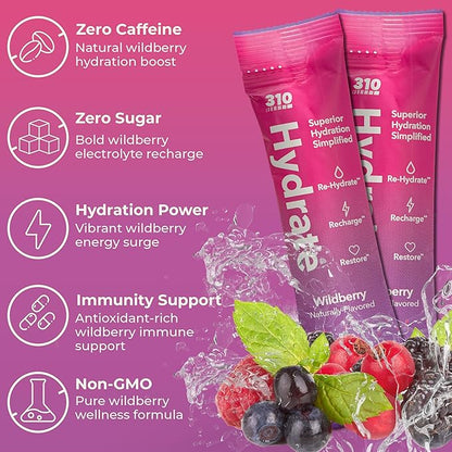 310 Nutrition Sugar Free Electrolytes Powder - Instant Hydration Packets for Daily Fluid Balance - Caffeine-Free Rehydration Drink Mix w/Vitamins, Low Calorie & Keto Friendly - Wildberry 15 Singles