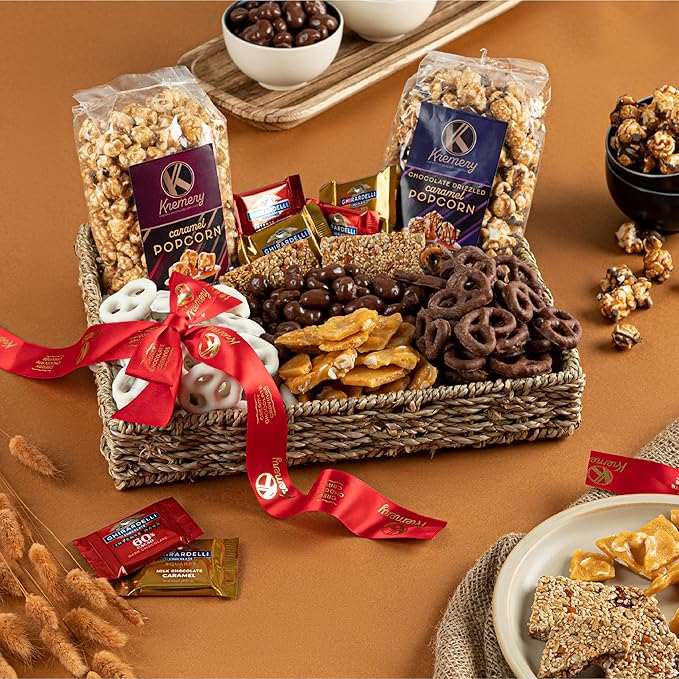 KREMERY Creamy Chocolate Cravings - Thanksgiving Chocolate Covered Pretzels & Caramel Popcorn Gift Basket, in Seagrass Tray + Ribbon (Premium, 2.5 lbs) Holiday Xmas Christmas