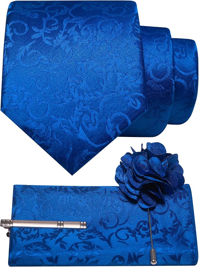 JEMYGINS Mens Floral Tie and Lapel Pin Necktie Pocket Square and Tie Clip with Sets for Business Casual 4PCS