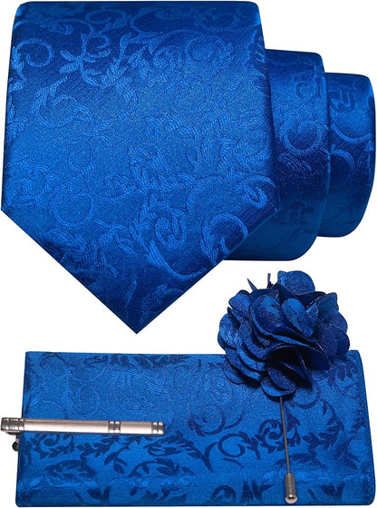 JEMYGINS Mens Floral Tie and Lapel Pin Necktie Pocket Square and Tie Clip with Sets for Business Casual 4PCS