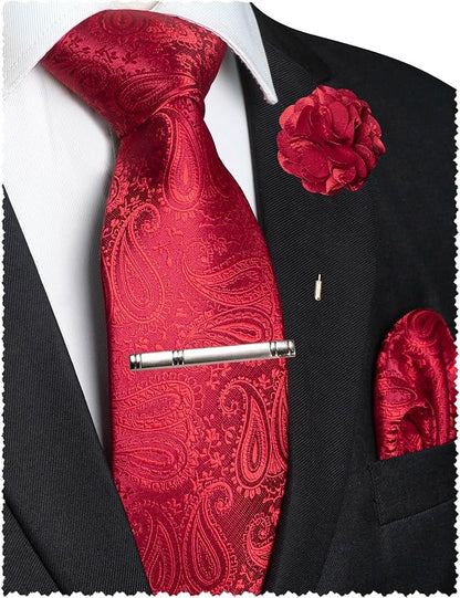 JEMYGINS Mens Paisley Tie and Lapel Pin Necktie Pocket Square and Tie Clip with Sets for Business Casual 4PCS