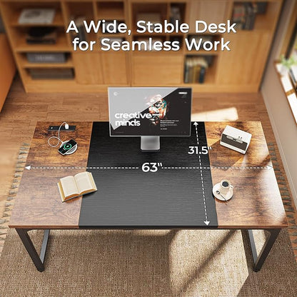 Huuger 63 x 31.5 inch Desk with Power Outlets & USB-C, 1.2 Inch Thicker Desktop, Robust Metal Tubes, Deep Computer Desk, Heavy Duty Office Desk, Work Desk, Rustic Brown and Black