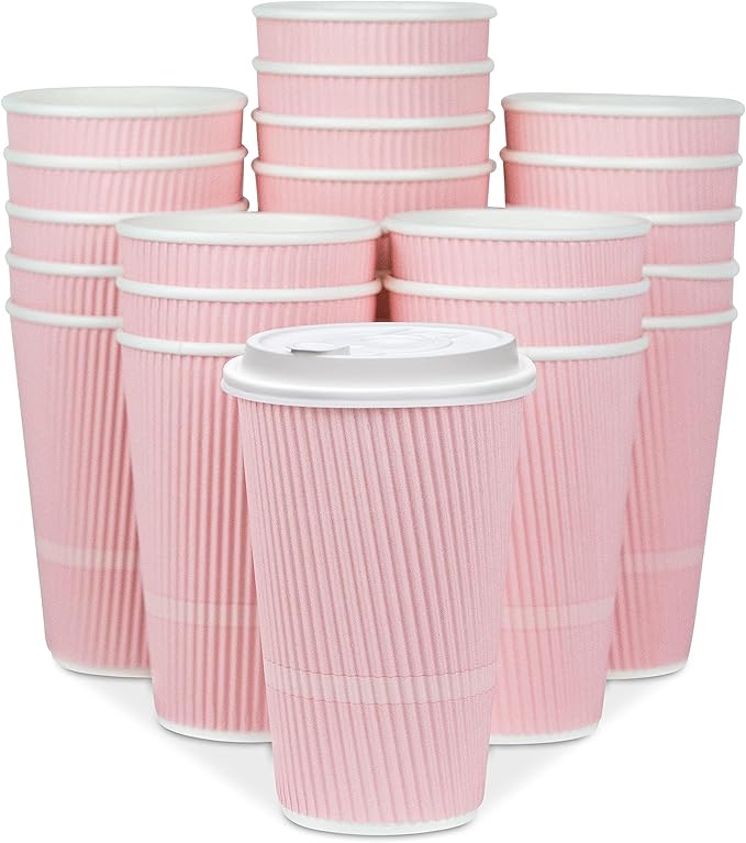Disposable Coffee Cups With Lids - 16 oz To Go Coffee Cup (70 Pack). Large Travel Cups Hold Shape With Hot and Cold Drinks, No Leaks! Insulated Ripple Cups Protect Hands, No Sleeves needed!