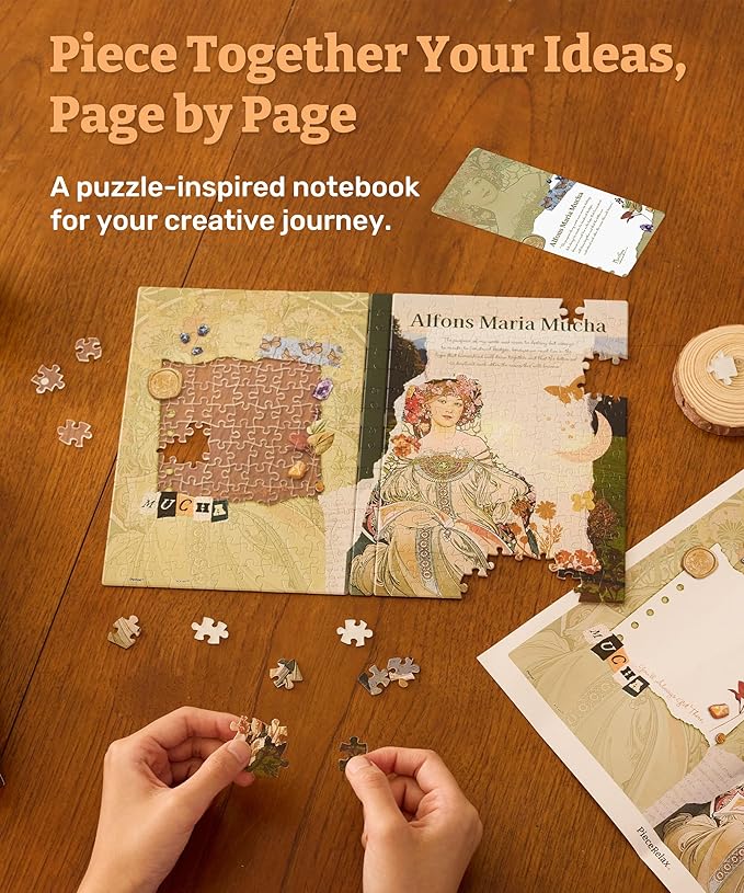 PieceRelax A5 Puzzle Journal for Adults, 300 Piece Plastic Jigsaw Book Cover (Includes Notebook) - Alphonse Mucha - Reverie Diary, Unique Gift [YA1057]