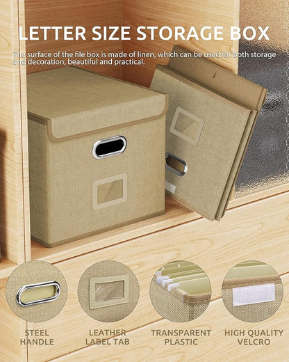 Oterri 2 Pack File Organizer Box,File Box,Small File Cabinet for Letter Folders,Khaki Portable Filing Box,Hanging File Folder Organizer with Lid for Office/Decor/Home- without Folders