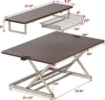 SHW 36-Inch Over Desk Height Adjustable Standing Desk with Monitor Riser, Espresso
