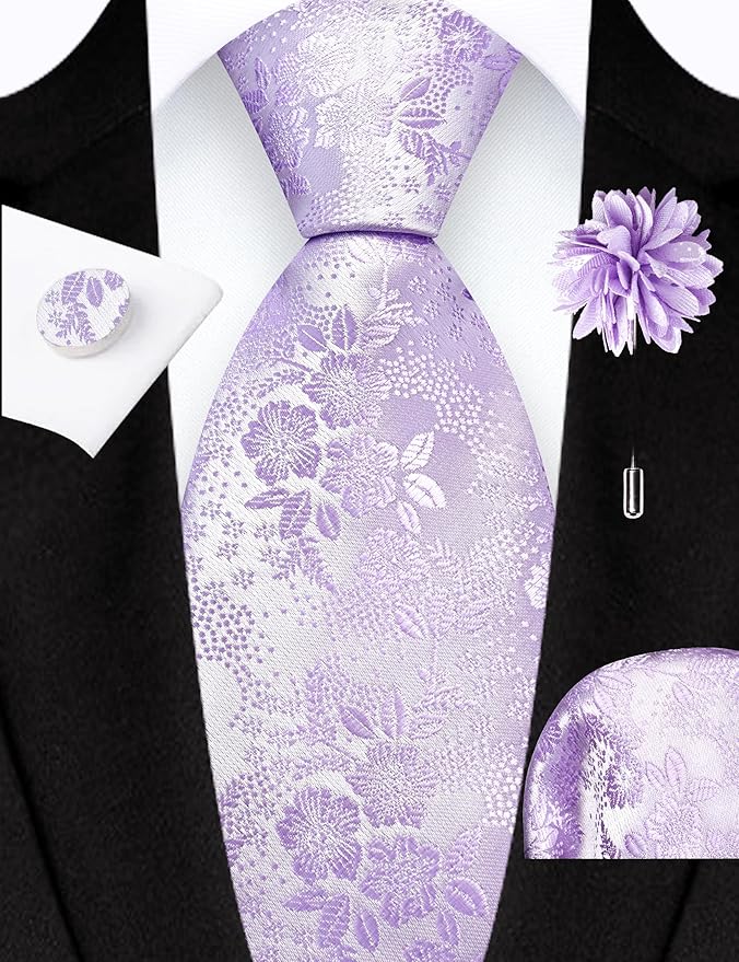 GUSLESON 3.15"（8cm） Mens Floral Tie and Lapel Pin Necktie Hankerchief Cufflinks Set for Men
