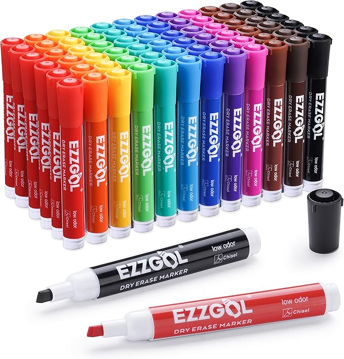 Dry Erase Markers Bulk, 72 Pack, 12 Colors Whiteboard Markers, Chisel Tip Dry Erase Markers Perfect for Writing on Dry Erase Whiteboard Mirror Glass for School, Office or Home