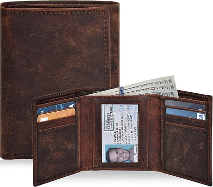 Real Leather Mens Trifold Wallet RFID Blocking Slim Minimalist Front Pocket - Thin & Stylish with ID Window in Gift Box