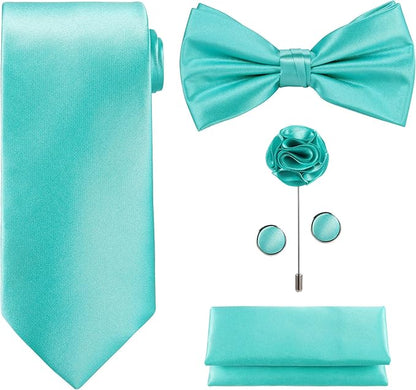 TIE G 5pcs Tie Set in WHITE OR BLACK GIFT BOX: Solid Color Necktie, Satin Bow Tie, Pocket Square, Lapel, Cuff Links