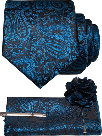 JEMYGINS Mens Paisley Tie and Lapel Pin Necktie Pocket Square and Tie Clip with Sets for Business Casual 4PCS