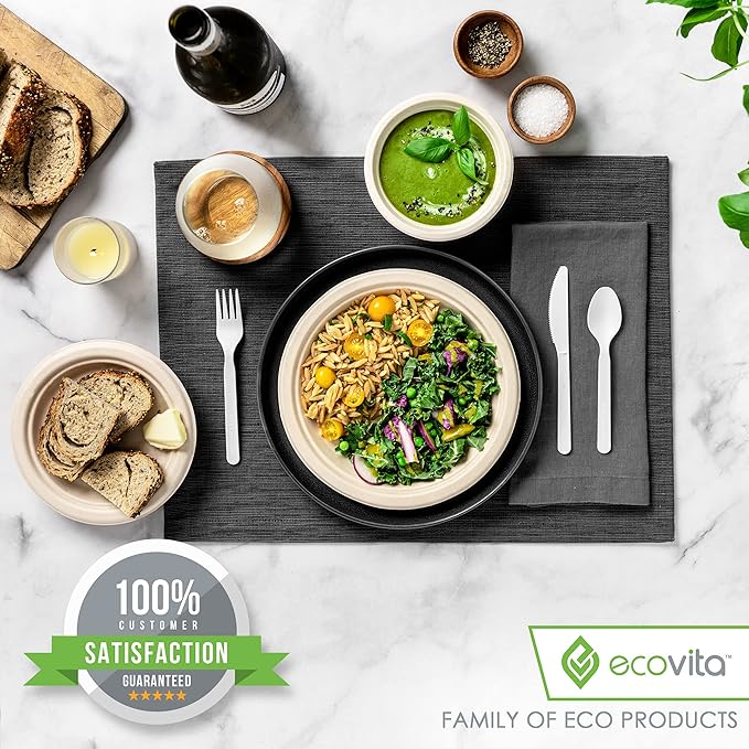 Ecovita 100% Compostable Forks - 500 Large Disposable Utensils (7 in.) Bulk Size Eco Friendly Durable and Heat Resistant Alternative to Plastic Forks with Convenient Tray