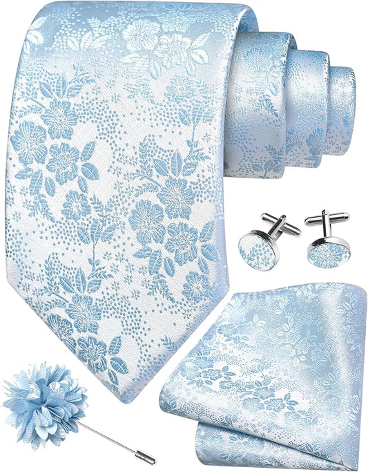 GUSLESON 3.15"（8cm） Mens Floral Tie and Lapel Pin Necktie Hankerchief Cufflinks Set for Men