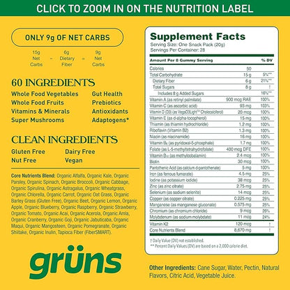 Gruns Adults Super Greens Multivitamin Gummies, Superfood Vitamin Gummy Bears with Spirulina, Chlorella, Prebiotic Fiber for Digestive Health, Adaptogens Supplement, 20 Vitamins & Minerals, 28 Count