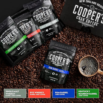 Bourbon & Whiskey Barrel Aged Coffee Box Set - 4-Bag Roasted Coffee Sampler - Bourbon Colombian, Malt Whiskey Sumatra, Rye Whiskey Ethiopian, Rum Barrel Rwanda, (Ground, 4 Ounce (Pack of 4))