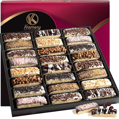 KREMERY Creamy Chocolate Cravings - Halloween Treats For Adults Chocolate Covered Biscotti Cookies Gift Basket, in Elegant Gift Box (24 Biscotties, Assorted Sweet Toppings) Holiday Xmas Christmas