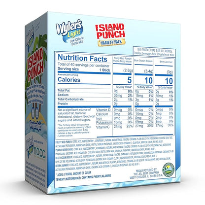 Wyler's Light Island Punch Singles to Go, Variety Pack, Fruity Red Punch, Purple Berry Wave, Berry Jammer and Blue Ocean Breeze, 1 Box (40 Single Servings)