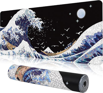 MEWOOCUE® Gaming Mouse Pad for Desk,Large Wave Mousepad Laptop,Black White Japanese Anime Mouse Mat,Long XXL Waterproof Keyboard Pads,Big Non-Slip Mousepads for Game Office Home（31.5 x 11.9 in）