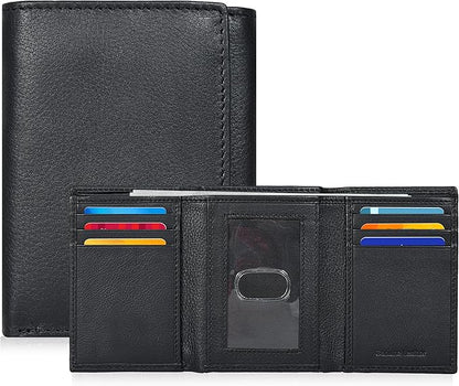 Real Leather Mens Trifold Wallet RFID Blocking Slim Minimalist Front Pocket - Thin & Stylish with ID Window in Gift Box