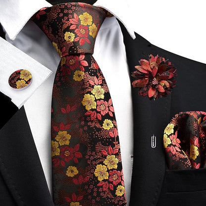 GUSLESON 3.15"（8cm） Mens Floral Tie and Lapel Pin Necktie Hankerchief Cufflinks Set for Men