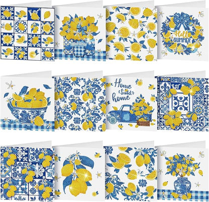 Saillong 12 Pack Capri Lemon Diamond Painting Greeting Card Kit with Envelopes Blue Yellow Lemon Diamond Art Cards 5D Rhinestones Painting Making Kits for Adult DIY Craft Family Friend Holiday Gifts