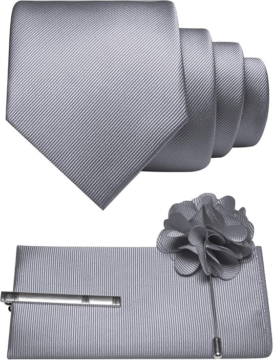 JEMYGINS Formal Necktie Solid Color Tie and Pocket Square with Tie Clip Lapel Pin Sets for Men 4PCS