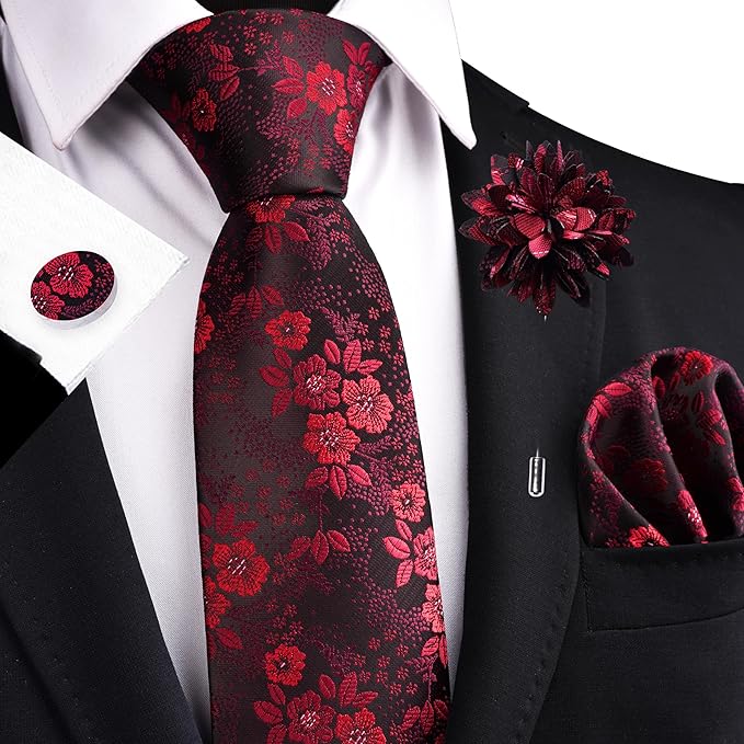 GUSLESON 3.15"（8cm） Mens Floral Tie and Lapel Pin Necktie Hankerchief Cufflinks Set for Men