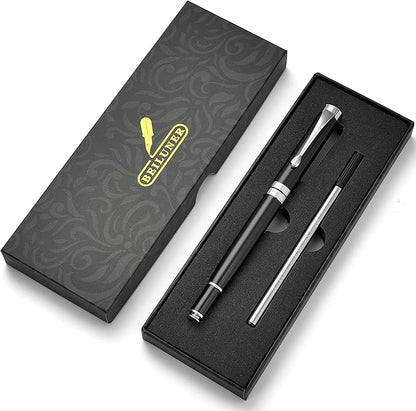 BEILUNER Ballpoint Pens, Stunning Black Chrome Ballpoint Pen with Silver Trim, Best Ball Pen Gift Set for Men & Women, Professional, Executive, Office, Fancy Pen-Gift Box With 0.5mm Extra Black Refill