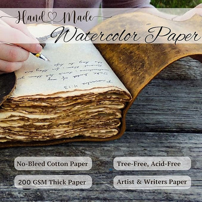 LEATHER VILLAGE Leather Bound Vintage Journal for Women & Men - 7"X5"(A7), Distressed Black, 200 Pages of Handmade Deckle Edges Watercolor Paper - Antique Lock Closure - Book of Shadow