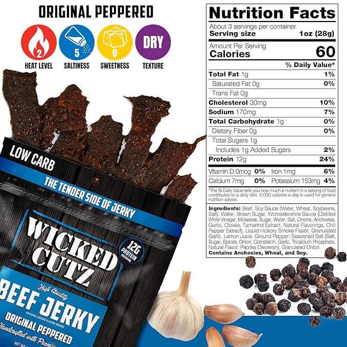 Wicked Cutz Original Peppered Beef Jerky, 36g Protein Per Bag, Tender & Easy to Chew Alternative to Beef Sticks, USA Made High Protein Carnivore Snacks (2 Bags)