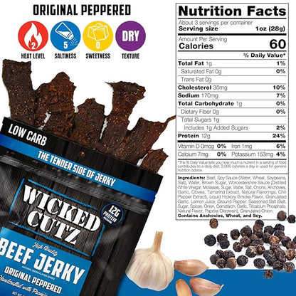 Wicked Cutz Original Peppered Beef Jerky, 36g Protein Per Bag, Tender & Easy to Chew Alternative to Beef Sticks, USA Made High Protein Carnivore Snacks (2 Bags)