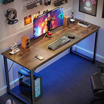 Huuger Computer Desk, 63 Inch Office Desk, Gaming Desk with Storage, Writing Desk Work Desk for Home Office, Study, Modern Simple Desk, Large Legroom, Metal Frame, Rustic Brown