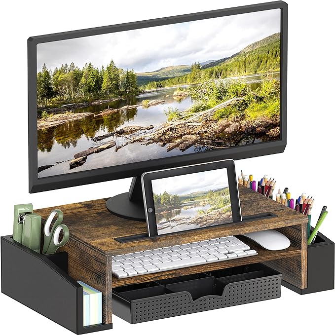 SIMPLE HOUSEWARE Desk Monitor Stand Riser with Adjustable Organizer Tray, Rustic Brown