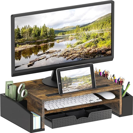 SIMPLE HOUSEWARE Desk Monitor Stand Riser with Adjustable Organizer Tray, Rustic Brown