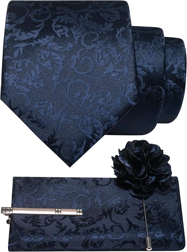 JEMYGINS Mens Floral Tie and Lapel Pin Necktie Pocket Square and Tie Clip with Sets for Business Casual 4PCS