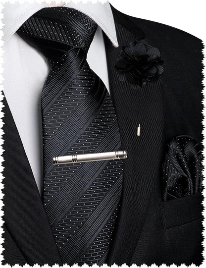 JEMYGINS Mens Striped Tie and Lapel Pin Necktie Pocket Square with Tie Clip Sets for Business Casual 4PCS