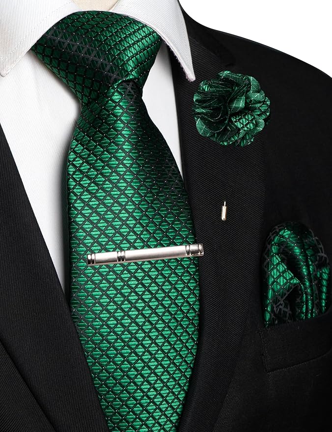 JEMYGINS Mens Solid Color Plaid Tie and Lapel Pin Necktie Pocket Square and Tie Clip with Sets for Business Casual 4PCS