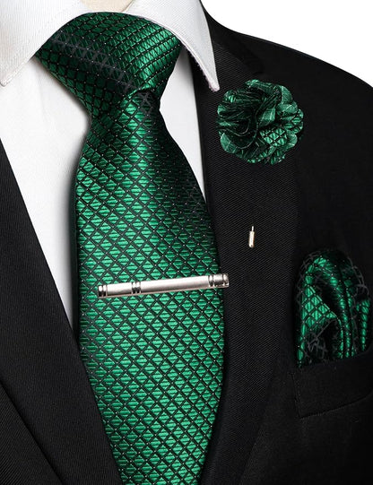 JEMYGINS Mens Solid Color Plaid Tie and Lapel Pin Necktie Pocket Square and Tie Clip with Sets for Business Casual 4PCS