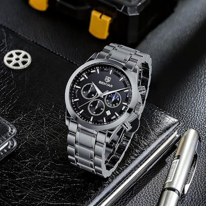 BY BENYAR Mens Watches Analog Quartz Chronograph Waterproof Wrist Watches for Men Fashion Business Work Casual Sport Designer Dress Watch with Calendar Elegant Gifts for Men