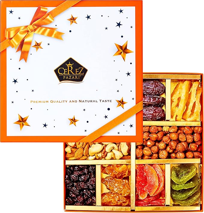 Cerez Pazari Dried Fruit and Nuts Gift Basket, Gourmet Holiday Gift Box Variety Of 10, Healthy Party Snack, Elegant Orange Box, 1.43 lbs