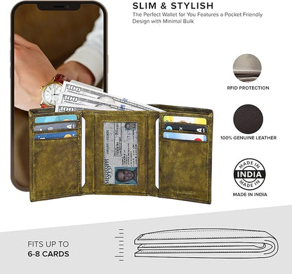 Tri fold Leather Wallet for Men with RFID | Slim Wallets for Men with 1 ID and 6 Credit card slots | Front Pocket Minimalist