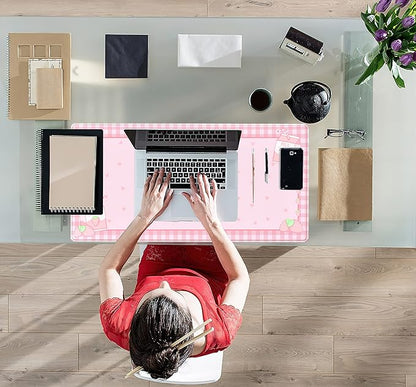 Cute Pink Plaid Desk Mats Strawberry Milk Gaming Desk Pad, Kawaii Extended Mouse Pad Kawaii Large Keyboard Mats XXL, Laptop Mat for Desk, Desktop Mat Mousepad Office Decor for Women 31.5"x15.75"