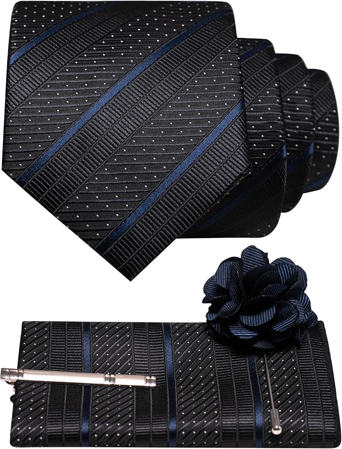JEMYGINS Mens Striped Tie and Lapel Pin Necktie Pocket Square with Tie Clip Sets for Business Casual 4PCS
