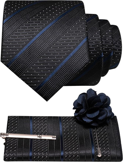 JEMYGINS Mens Striped Tie and Lapel Pin Necktie Pocket Square with Tie Clip Sets for Business Casual 4PCS