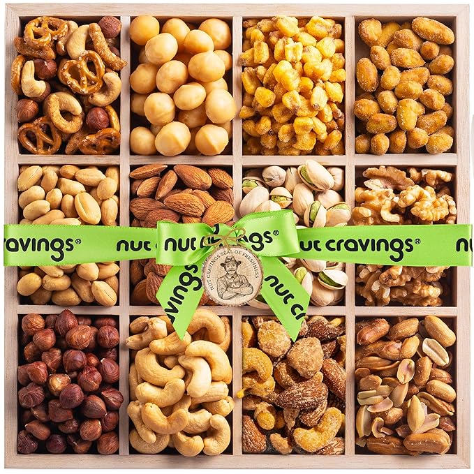 NUT CRAVINGS - Thanksgiving Mixed Nuts Gift Basket in Reusable Wooden Tray + Green Ribbon (12 Assortments) Holiday Xmas Christmas Food Arrangement, Healthy Snack Care Package