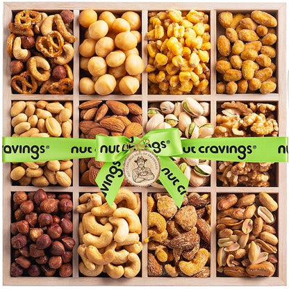 NUT CRAVINGS - Thanksgiving Mixed Nuts Gift Basket in Reusable Wooden Tray + Green Ribbon (12 Assortments) Holiday Xmas Christmas Food Arrangement, Healthy Snack Care Package