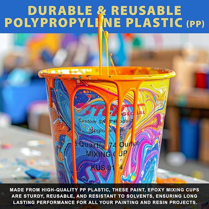 Custom Shop Paint Mixing Cups, 5-Quart (48 Pack) - Plastic Measuring Cups for Liquids, Automotive Painting, Epoxy Resin, Acrylic Arts, Crafts, Disposable or Reusable, Graduated, Mixing Ratios