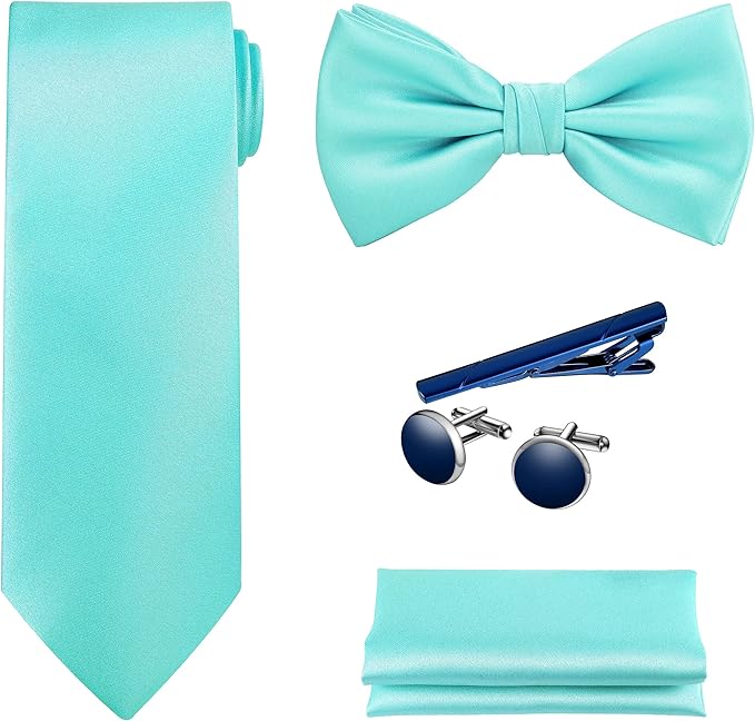 TIE G 5pcs Tie Set in WHITE OR BLACK GIFT BOX: Solid Color Necktie, Satin Bow Tie, Pocket Square, Lapel, Cuff Links