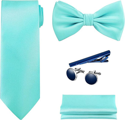 TIE G 5pcs Tie Set in WHITE OR BLACK GIFT BOX: Solid Color Necktie, Satin Bow Tie, Pocket Square, Lapel, Cuff Links