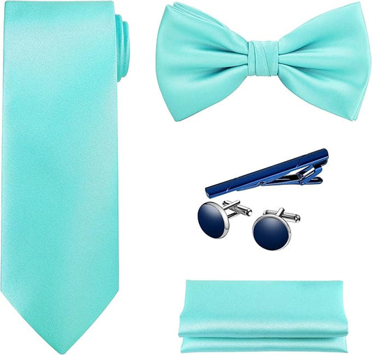 TIE G 5pcs Tie Set in WHITE OR BLACK GIFT BOX: Solid Color Necktie, Satin Bow Tie, Pocket Square, Lapel, Cuff Links
